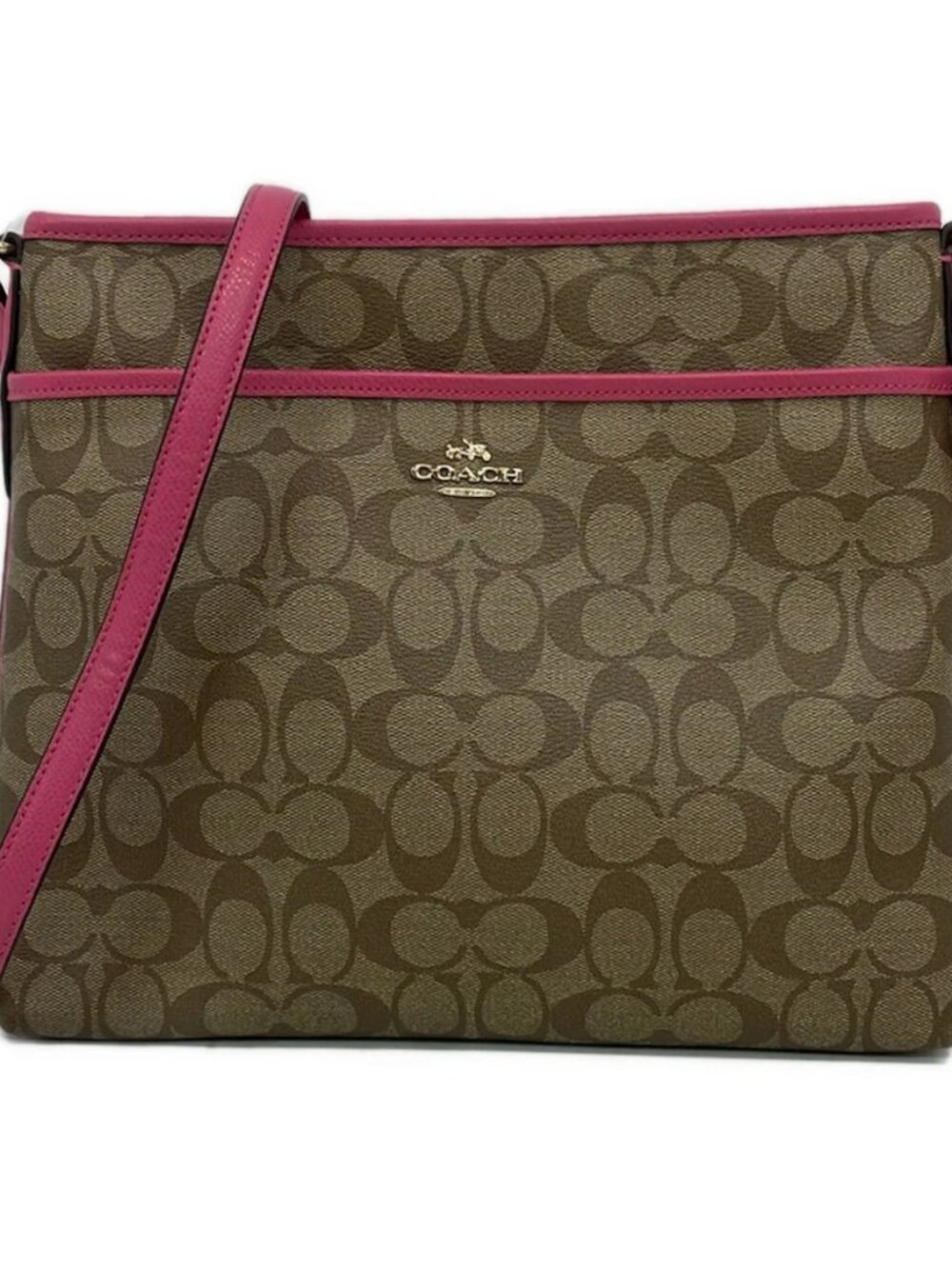 COACH Luxury Signature File Bag F34938 Beige Brown Pink PVC Leather